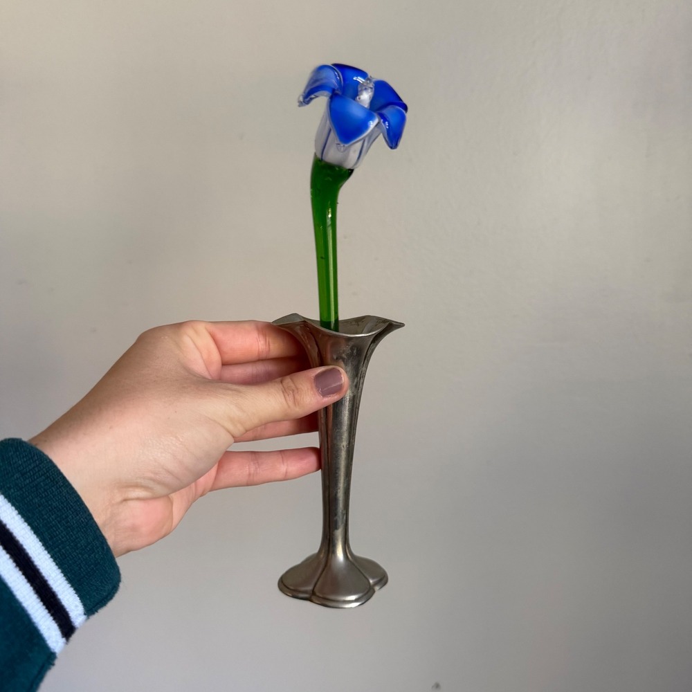 Vintage Murano Style Art Glass Blue Flower with Silver Tone Bud Vase Hong Kong